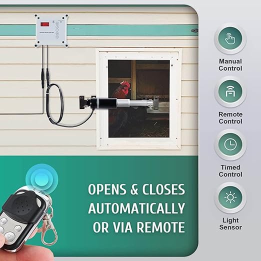 Hyuduo Automatic Chicken Coop Door Opener 30W – Light Sensor & Remote Control, IP44 Rated, Fits 9–39 Inch Doors, 44 lb Capacity Poultry Door Timer