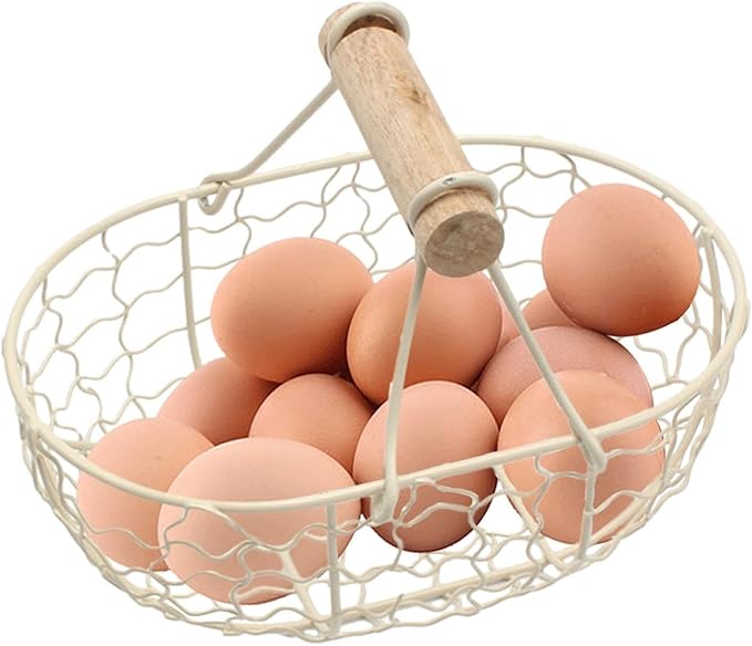 Eggs Collection Basket - Wire Bucket Carrier, Wooden Grip Container | Outdoor Gathering Holder Farmhouse Picnic Storage Organizer Tool, Reusable Camping Basket for Collecting Eggs