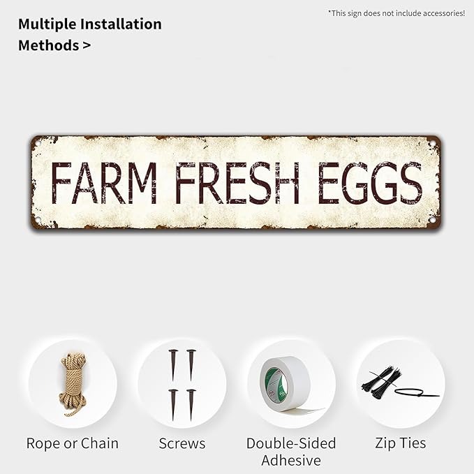 Farm Fresh Eggs Metal Sign - Rustic Aluminum Wall Art 4x16 Inch, Vintage Chicken Coop Plaque for Country Kitchen and Garden Cafe, Weatherproof Farmhouse Decor with Egg Lover Gift Appeal