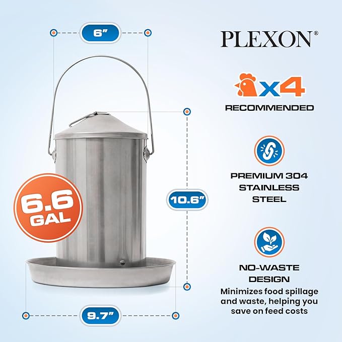 Plexon 6.6 Lb Hanging Chicken Feeder no Waste Food-Grade Stainless Steel - Turkey Duck Poultry Feeder for Chicken Metal - Heavy Duty Reliable Long-Lasting with Handle