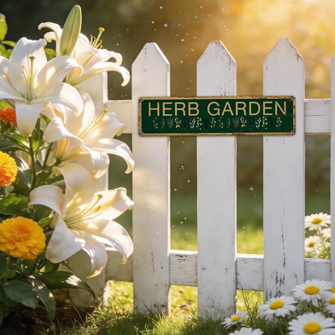 Herb Garden Metal Tin Sign, Vintage Rustic Garden Decor, Farmhouse Botanical Wall Decor, for Kitchen Yard Fence Porch Door, Outdoor Gardens Decoration, Ideas for Gardening Lovers, 15.7 x 3.9 Inches
