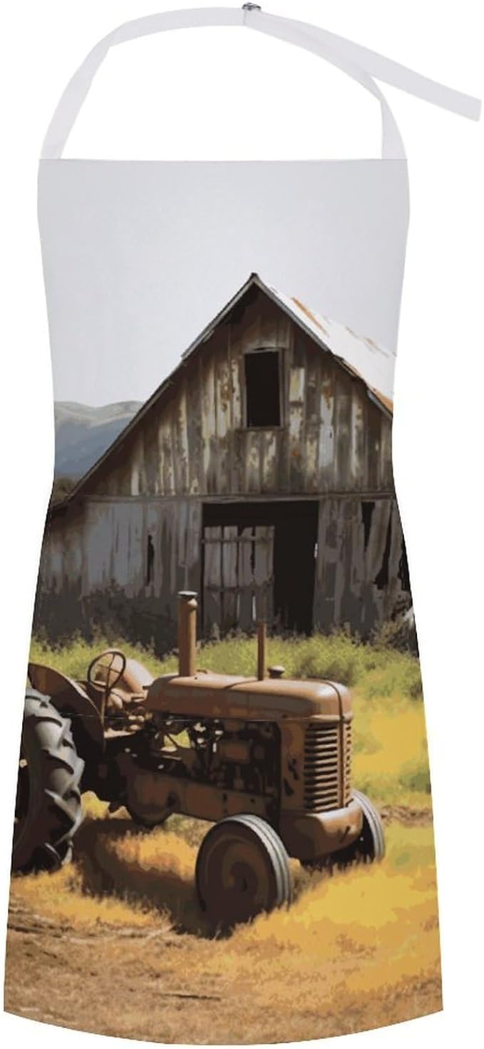 Old Wooden Barn with Rusted Tractor Cooking Aprons for Women Men Waterproof Bib Apron with Pockets Adjustable Kitchen Chef Apron