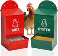 Rustproof Chicken Grit and Oyster Shell Feeder 2 Pack, Heavy Duty Metal Poultry Feeders for Coop or Fence, Rainproof Dual Compartment Wall Mounted Feeder for Outdoor Chicken Coops