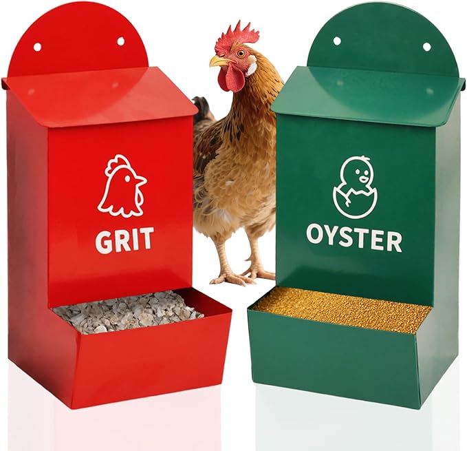 Rustproof Chicken Grit and Oyster Shell Feeder 2 Pack, Heavy Duty Metal Poultry Feeders for Coop or Fence, Rainproof Dual Compartment Wall Mounted Feeder for Outdoor Chicken Coops