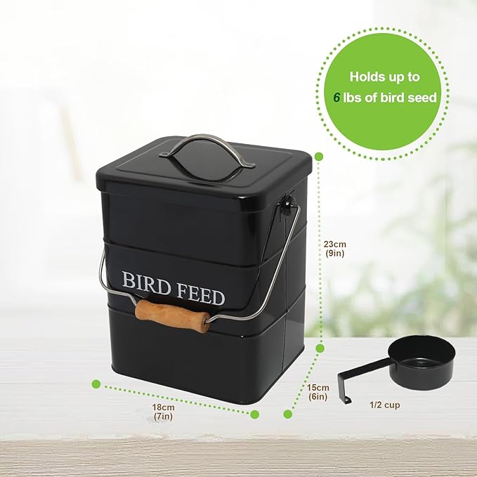 Bird Seed Storage Container Airtight,5~6LB Metal Bird Food Container with Scoop,Wild Birds Feed Tin for Storing Sunflower Seed-Ideal for Outdoor or Indoor-Squirrel proof -Black