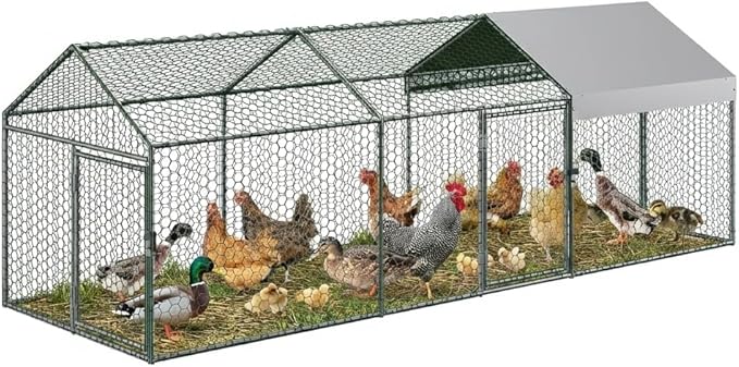 Metal Chicken Coop, 120" x40" x40" Large Chicken Run with 3 Doors, Outdoor Hen House for Yard with Waterproof and Anti-UV Cover, Walk in Poultry Cage for Rabbit Duck Goose, Silver