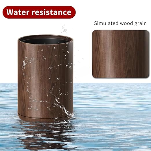 8L/2.1GAL Dark Brown Modern Metal Waste Bin with Realistic Wood Texture,Built-in Bag Holder,Office Trash Can,Open-Top Trash Bin,for Bathroom,Home,Office,Living Room (2.1gal Round)