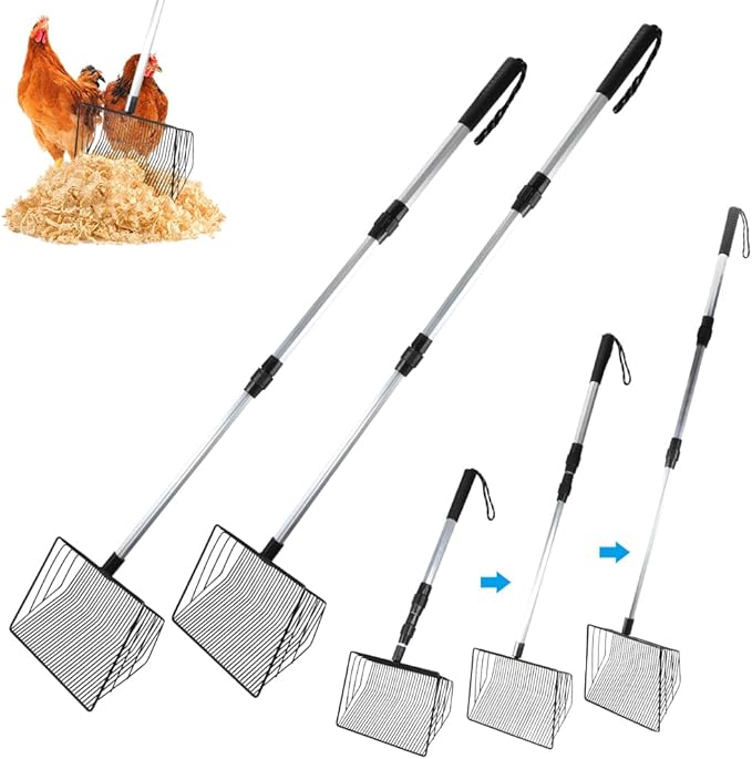 2 Pack Large Chicken Poop Scooper, Stretchable Litter Scooper for Chicken(22.4 to 42 Inch), 10 Inch Detachable Heavy Duty Poop Shovel for Chicken Coop Accessories