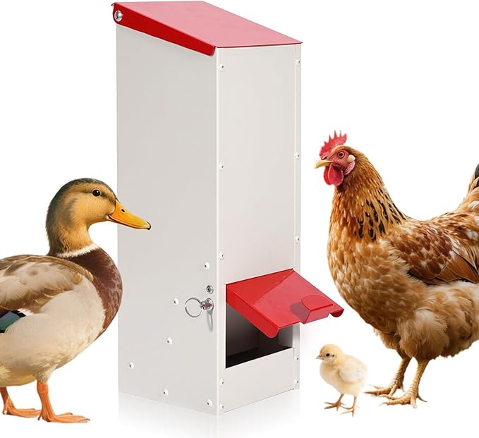 Metal Chicken Feeder No Waste Oyster Shell Feeder 8lbs Hanging Poultry Feeder Automatic Gravity Chicken Food Dispenser with a Lockable Rain Cover
