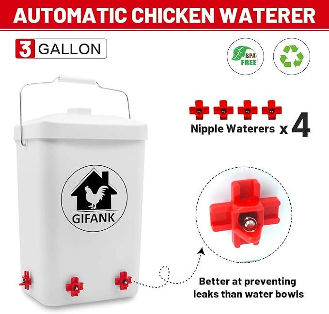 Chicken Feeder and Waterer Set,3 Gallon Automatic Chicken Feeder No Waste,Hanging Poultry Kit with Chicken Waterer Nipples and Feeding Ports,Coop Accessories