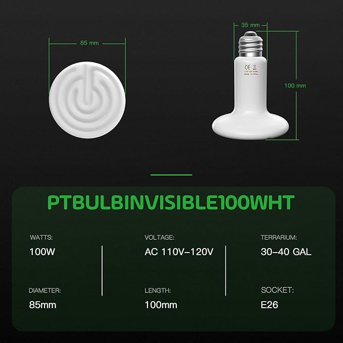 Simple Deluxe 100W Ceramic Heat Emitter Reptile Heat Lamp Bulb No Light Emitting Brooder Coop Heater for Amphibian Pet & Incubating Chicken, White, 2-Pack