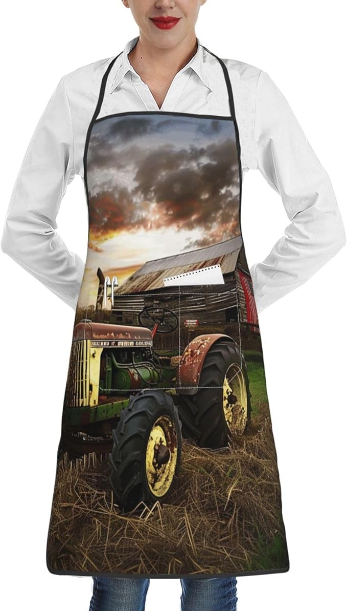 Old Tractor Photo Farm Printed Adjustable Chef Apron with Pockets - Unisex Cooking Apron for Kitchen Grill Painting & Restaurant Use