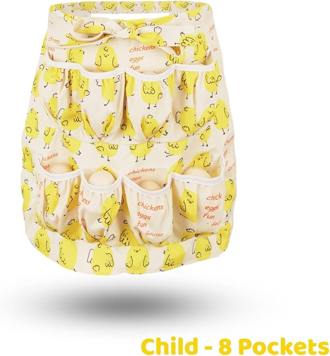 Egg Apron for Kid and Adult, Deep Pockets with Elastic Closures, Fresh Egg Collecting Gathering Holding Apron