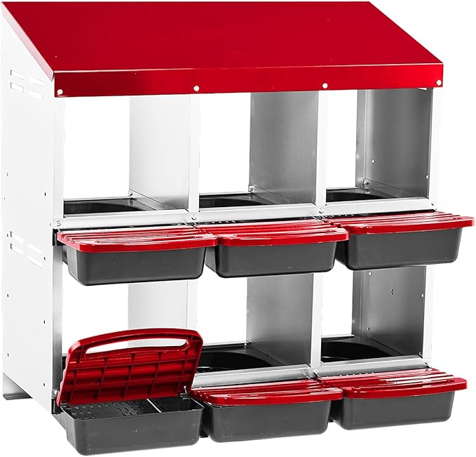 6 Compartment Chicken Nesting Box with Roll Away Egg Design - Wall Mount Hen Laying Box with Pull-Out Trays for Easy Egg Collection, Cleanable & Chicken Coop Accessories, 6 Holes, Red