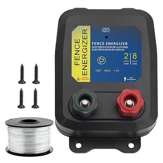 Electric Fence Energizer with 17 Gauge Aluminum Wire, 2-Mile/ 8 Acres Electric Fence Charger, Livestock Fence Charger for Preventing Raccoons, Squirrels, Chicken Coops, Skunks intruding 0.1 Joule