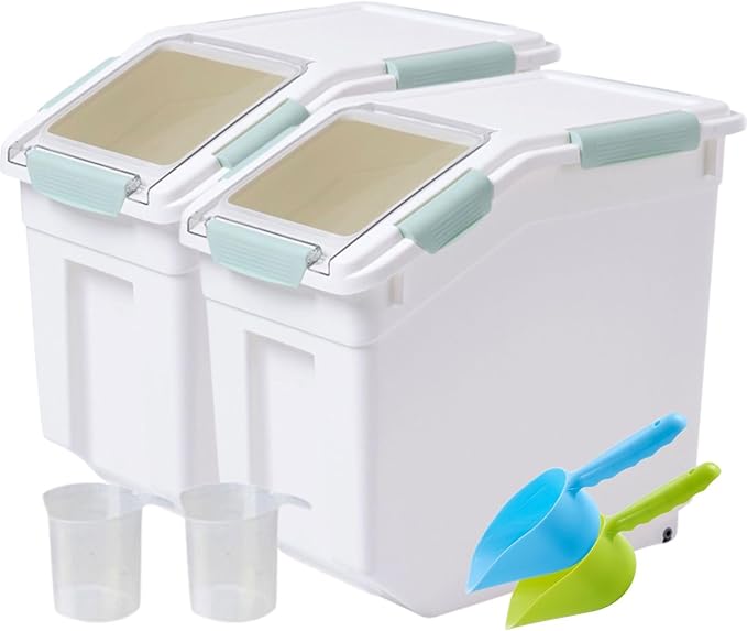 Saim Rice Container 25 lbs, Large Airtight Flour Storage Container with Wheels Measuring Cup, 2 Pack a Set BPA free Food Bin Grain Organizer Box for Dry Baking Supplies Kitchen Pantry Cereal (Green)