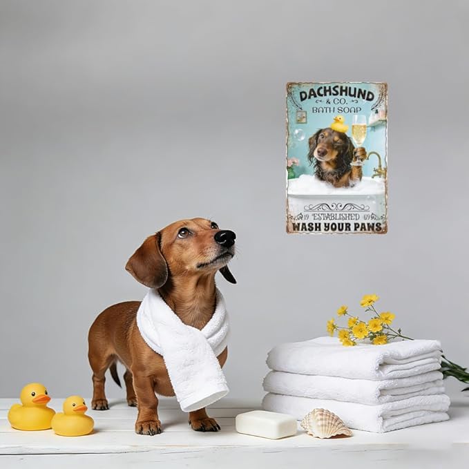 WADORN Funny Dachshund Metal Signs, 8x12 Inch Dachshund Company Bath Soap Always Wash Your Weiner Retro Tin Sign Vintage Wall Decor Art Plaque for Bathroom Toilet Restroom Shower Room Washroom