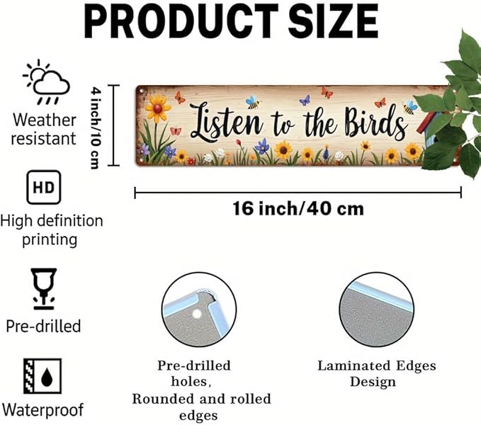 Listen to the Birds Metal Tin Sign Farmhouse Wall Decor with Floral & Butterfly Design Rustic Wall Art for Kitchen Living Room Bedroom Porch Garden 4x16 Inch
