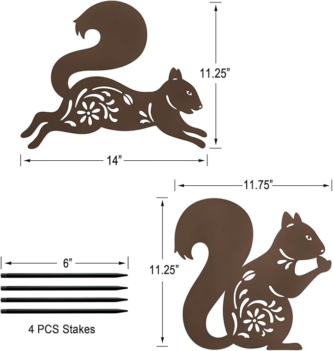 Metal Squirrel Garden Stake,Set of 2 Outdoor Thanksgiving Yard Decor,Fall Decorations Rusty Squirrel Statues for Outside,Lawn,Pathway