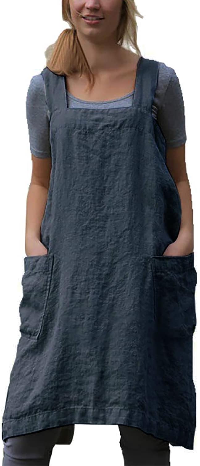 Japanese Pinafore Apron Smock Cotton Apron with Pockets Plus Size Aprons for Women