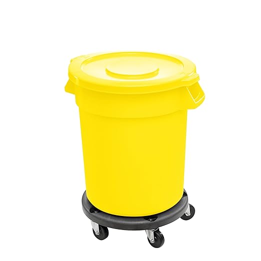 Feed and Seed Storage Container, 55 Gallon Yellow Round Commercial Trash Can with Lid and Dolly, Food Storage Plastic Bin, Use in Agricultural, Gardening, or Household