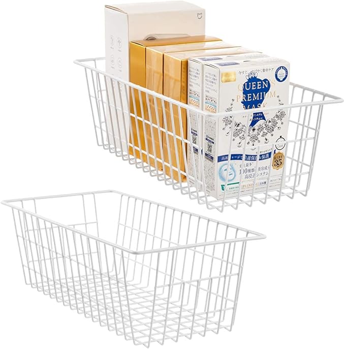SANNO Freezer Baskets Pantry Storage Baskets Bin Wire Metal Storage Basket, Modern Farmhouse Metal Closet Bins Large Storage Organizer for Pantry, Shelf, Kitchen, Cabinet, Bathroom, White