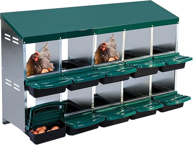 Chicken Nesting Boxes, 10 Holes Metal Chicken Egg Laying Box with Swing Perch and Rollout Egg Collection,for Various Chicken Breeds Without Stand - Green 0.6mm
