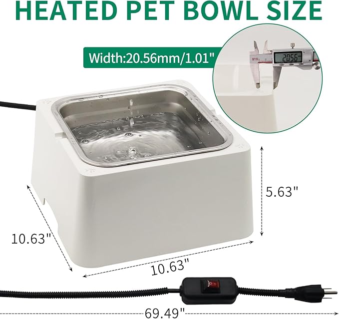Heated Water Bowl for Dog & Cat Removable 110OZ/0.85 GAL Stainless Bowl Outdoor Pet Water Dish 100W Electric Powered with Thermostat (White)