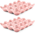 Flexzion 12 Cups Ceramic Egg Holder for Fridge - Dozen Ceramic Egg Tray Porcelain Container Storage Organizer Decorative Serving Stand Serveware for Refrigerator Countertop Display (Pink, 2 Pack)