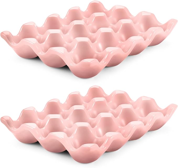 Flexzion 12 Cups Ceramic Egg Holder for Fridge - Dozen Ceramic Egg Tray Porcelain Container Storage Organizer Decorative Serving Stand Serveware for Refrigerator Countertop Display (Pink, 2 Pack)