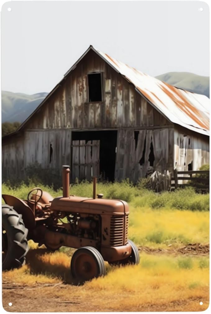Old Wooden Barn with Rusted Tractor Metal Sign Vintage Tin Signs Retro Wall Art Decor Metal Poster Plaque Garage Bar Patio Wall Decorations Gifts for Men Women 12 X 8 Inches Outdoor & Indoor
