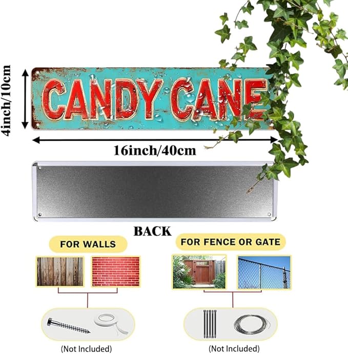 Vintage Style Christmas Street Decor 'Candy Cane' Metal Sign, 16x4 Inch - Distressed Finish Decorative Sign For Home, Porch, Garden, Garage, Cafe Wall/Gate Hanging Plaque, Christmas Decor