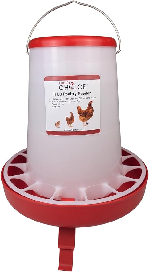 Hen's Choice 11 LB Poultry Feeder, Twist Lock Base, Adjustable Legs, Hangable with Lid (Red)