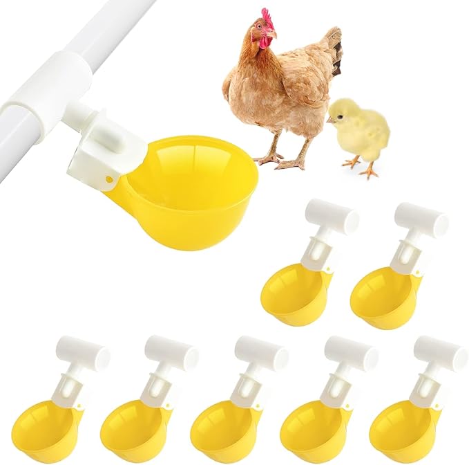 Chicken Water Cups with PVC Tee Fittings for 1/2" Pipe, Automatic Chicken Watering System, Anti-Leak, Holds 50% More Water, Suitable for Chicks, Chicken, Duck, Quail, Birds (Yellow, 8 PVC Cups)