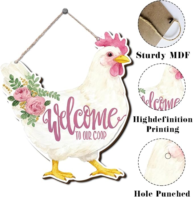 Farmhouse Chicken Coop Decor, Floral Hen Welcome Sign, Watercolor Painting Style Wood Hanging Plaque, Rustic Farmhouse Wall Art for Kitchen Dining Room Porch or Coop Door, 11.2x9.8 Inches