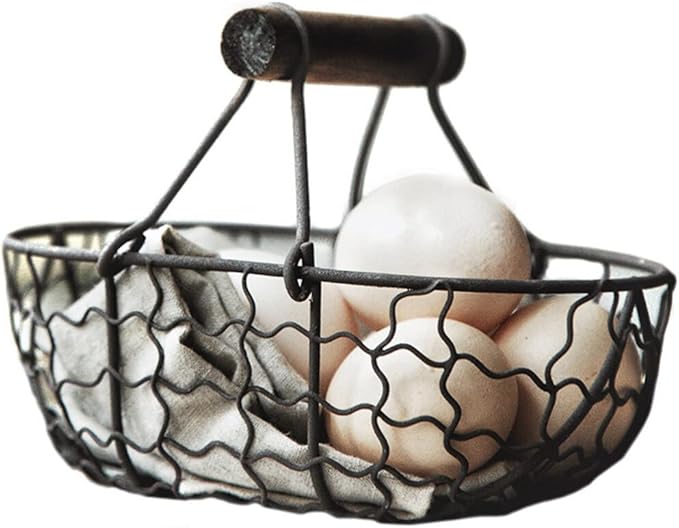 Zerodeko Oval Metal Wire Egg Basket Wire Fruit Basket with Handle Country Vintage Style Storage Basket Metal Basket Farmhouse Egg Collecting Basket for Kitchen or Living Room