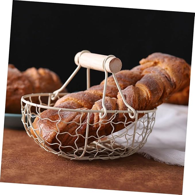 2pcs Vintage Metal Mesh Storage Baskets with Wooden Handles, Multi-function Fruit and Egg Organizer for Kitchen Counter and Harvesting, Farmhouse Style Wire Basket Set