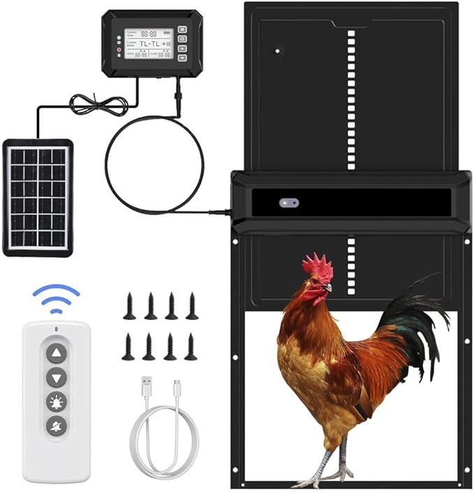 Large Size Automatic Chicken Coop Door Solar Powered Chicken Door with Independent LCD Display and Remote Control, Anti-Pinch & Aluminum Alloy Weather Proof Electric Coop Accessories with 4 Modes
