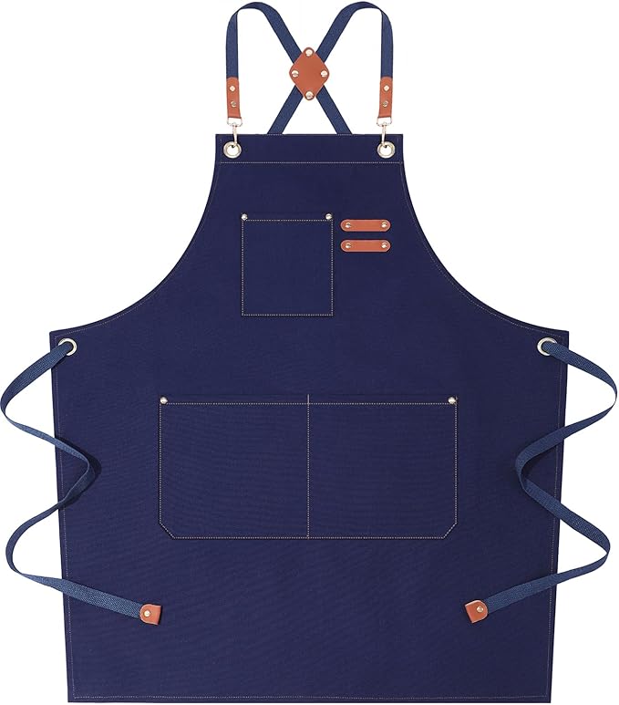 AFUN Chef Aprons for Women Men with Oversized Pockets, 12-Ounce Cotton Canvas Cross Back Water Repellent Apron (Dark Blue)