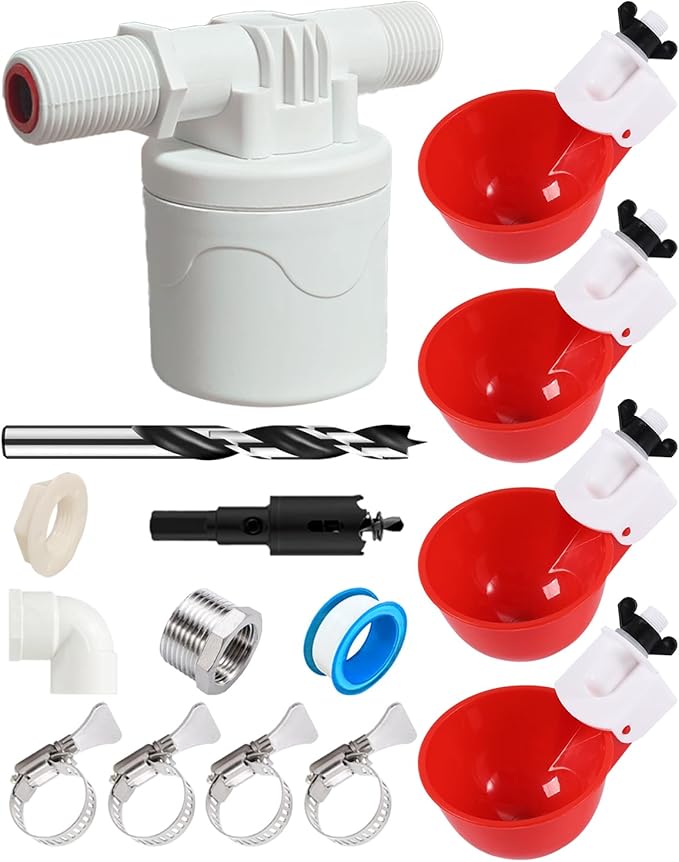 DIY Automatic Chicken Waterer Kit - 4 Chicken Water Cups, Float Valve, Drill Bit, 4 Hose Clamp, Teflon Tape - Universal for Poultry