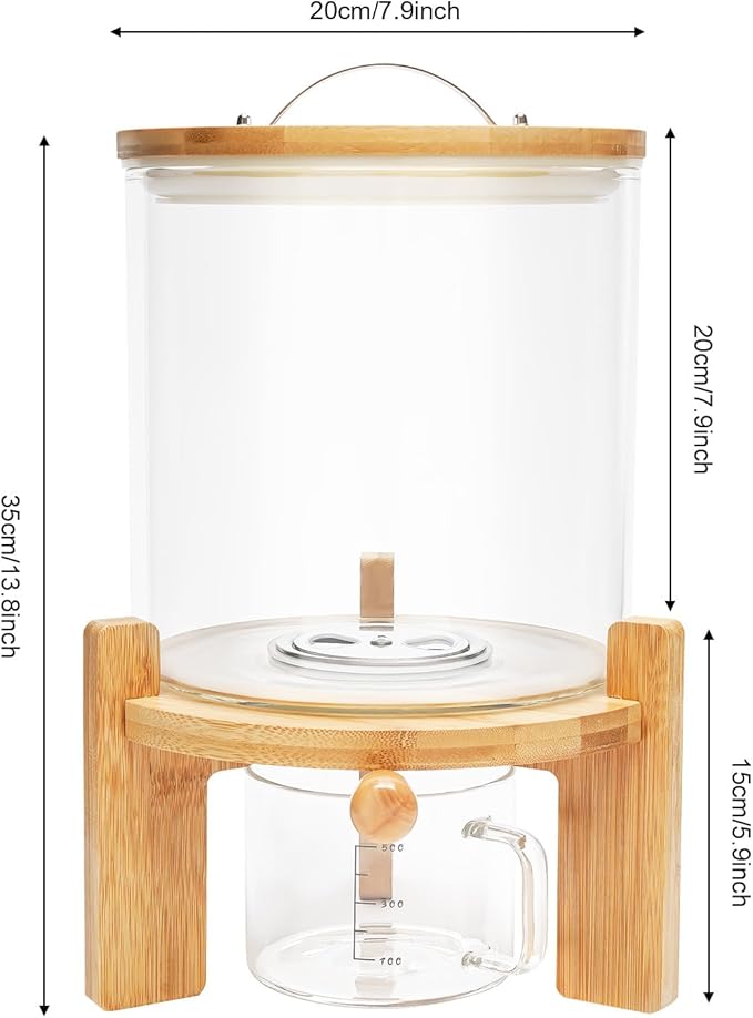 5L Glass Rice Dispenser with Bamboo Stand, 8-10 Lbs Cereal Container with Glass Measuring Cup,Large Airtight Food Organization Storage Bin for Grain, Coffee Bean, Dry Food