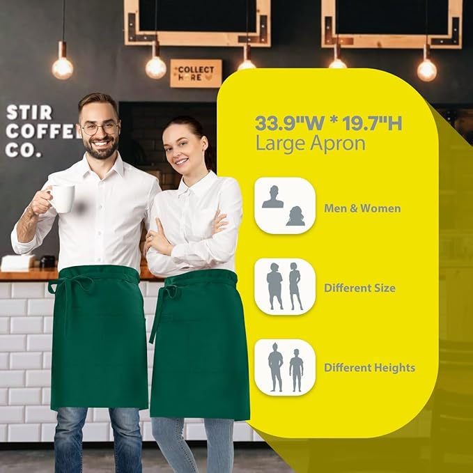 ROTANET Server Apron Black with 3 Pockets 18 Inch Long Waiter Waitress Bistro Half Waist Aprons for Women Men Waterproof