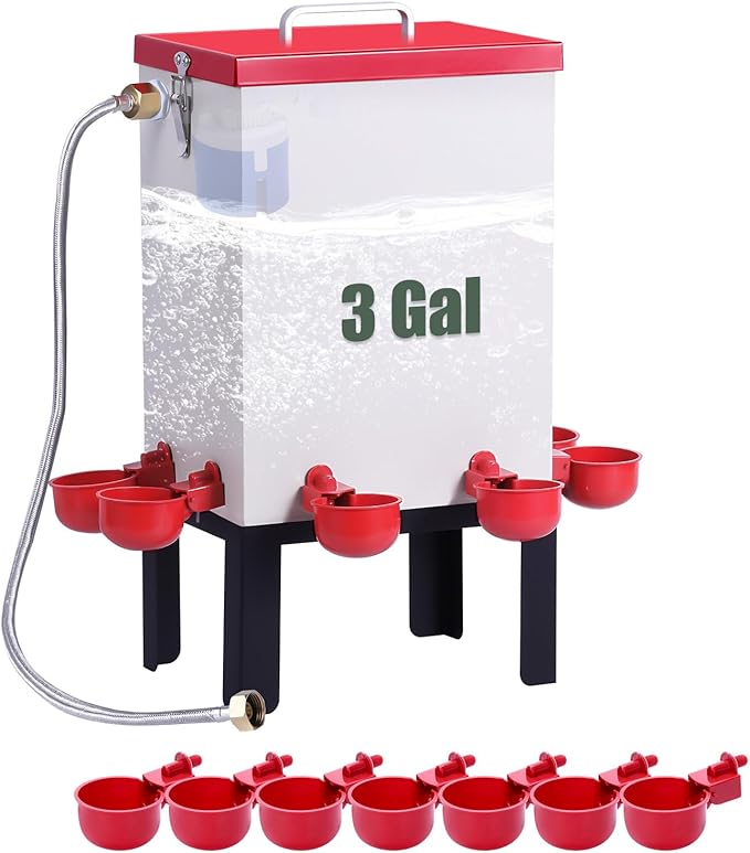 3 Gallon Chicken Waterer,Stainless Steels Automatic Chicken Waterer Feeder with Float Valve,Water Cups, Bottom Bracket and Hose (One End 3/4") Poultry Waterer Dispenser for Quail Duck Goose Turkeys