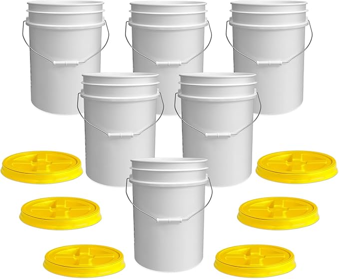 ePackageSupply 5 Gallon White Bucket with Yellow Gamma Seal Screw on Airtight Lid | Made in USA | Food Grade | Heavy-Duty HPDE Plastic | Durable 90 Mil Pail | Easy Stack and Store | BPA Free (6 Count)
