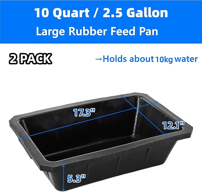 2 Pack Rubber Feeder Pan, 10 Quart Large Horse Trough Feeder Bucket, Heavy Duty 2.5 Gallon Chicken Dust Bath Tub Water Bowl for Pig Goat Dog Cat Farm Livestock Animal Feeding, Rectangular