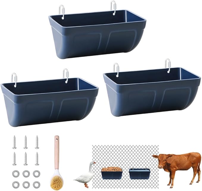 Hanging Chicken Feeder Trough for Goat Sheep Deer Poultry Duck Chicken Fence Feeder Livestock Feeding Container Goats Supplies Feeders Waterer Bucket, 3pack Blue