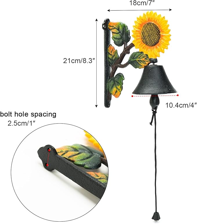 Sungmor Heavy Duty Cast Iron Sunflower Hand Bell - Hand-Painted Wall Decor for Indoor/Outdoor Use