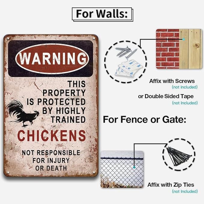 YOYI ART Metal Warning Chicken Signs for Coop Funny Outdoor - Vintage Tin Sign for Chicken Coop, Outdoor, Kitchen, Farmhouse Wall Decor Art Accessories, Chicken Gifts for Women, 8 x 12 inch