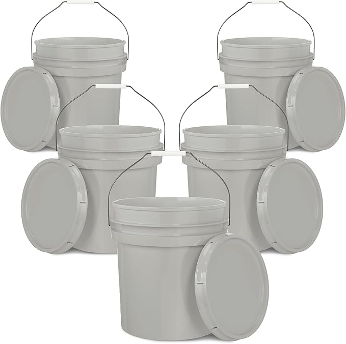 EconoHome 5-Gallon Grey Bucket Pail Container with Lid | Metal Handles with Plastic Grip for Easy Carrying | Easy Stack and Store | Heavy-Duty Extra Durable | Food Grade | BPA Free - 5 Pack