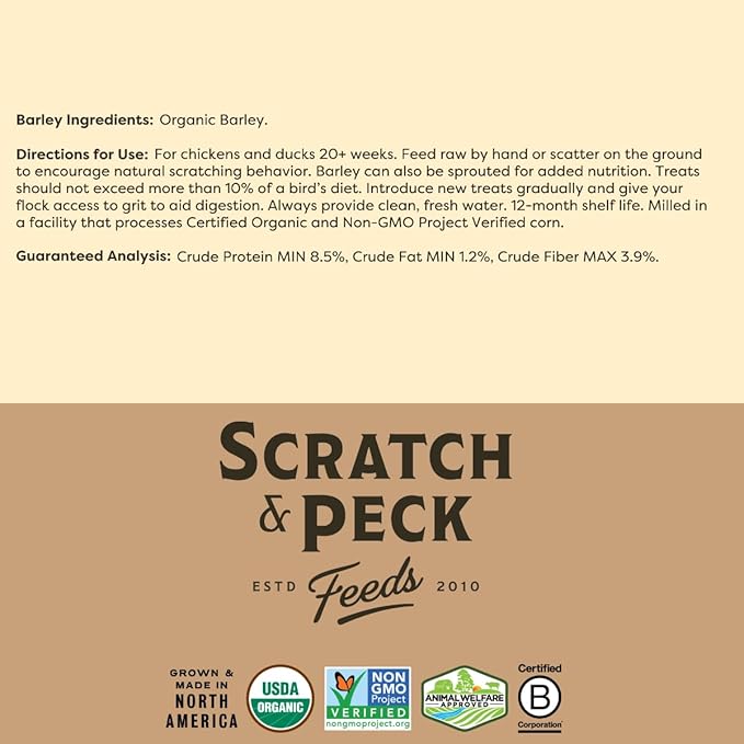Scratch and Peck Whole Barley Chicken, Duck and Livestock Supplemental Grain - 8.5% Protein, Certified Organic and Non-GMO Project Verified Chicken Food - 40 lbs Bag